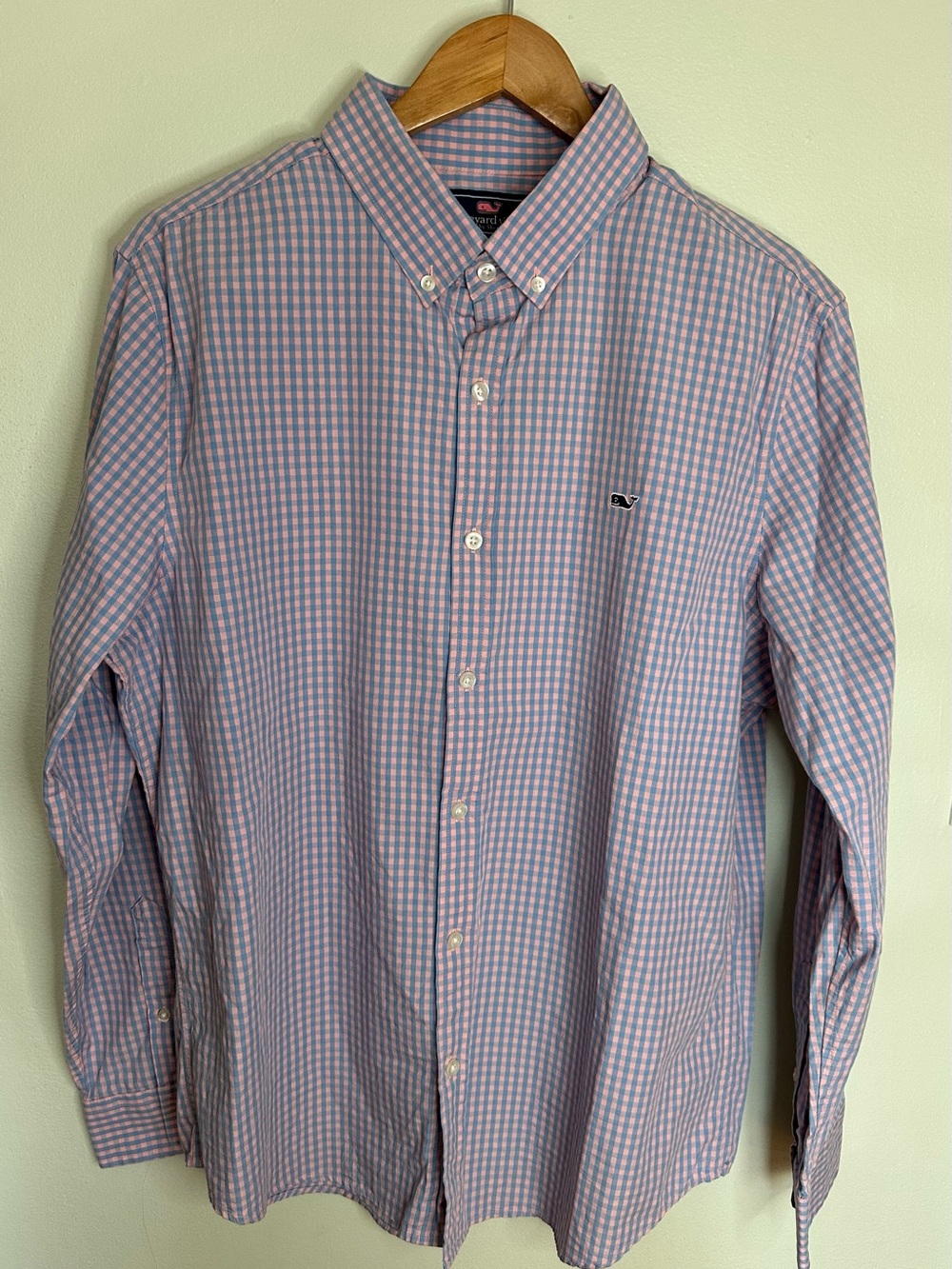 Vineyard Vines Mens Large Performance Blue Pink Gingham Whale Button Down Shirt
